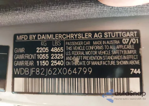 2002 Mercedes-Benz E 320 4M/4M Special Edition from USA, damaged, VIN WDBJF82J62X064799